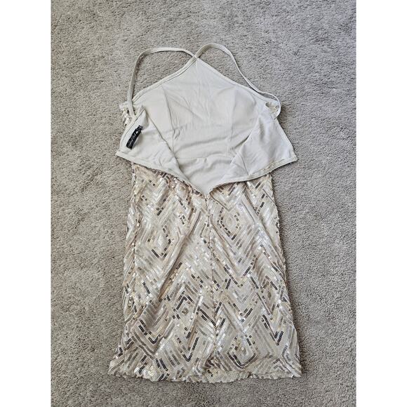 Crystal Doll Gold Sequined Formal Dress Fitted Bodycon Sparkly Halter Sz 7 Women - Picture 2 of 8